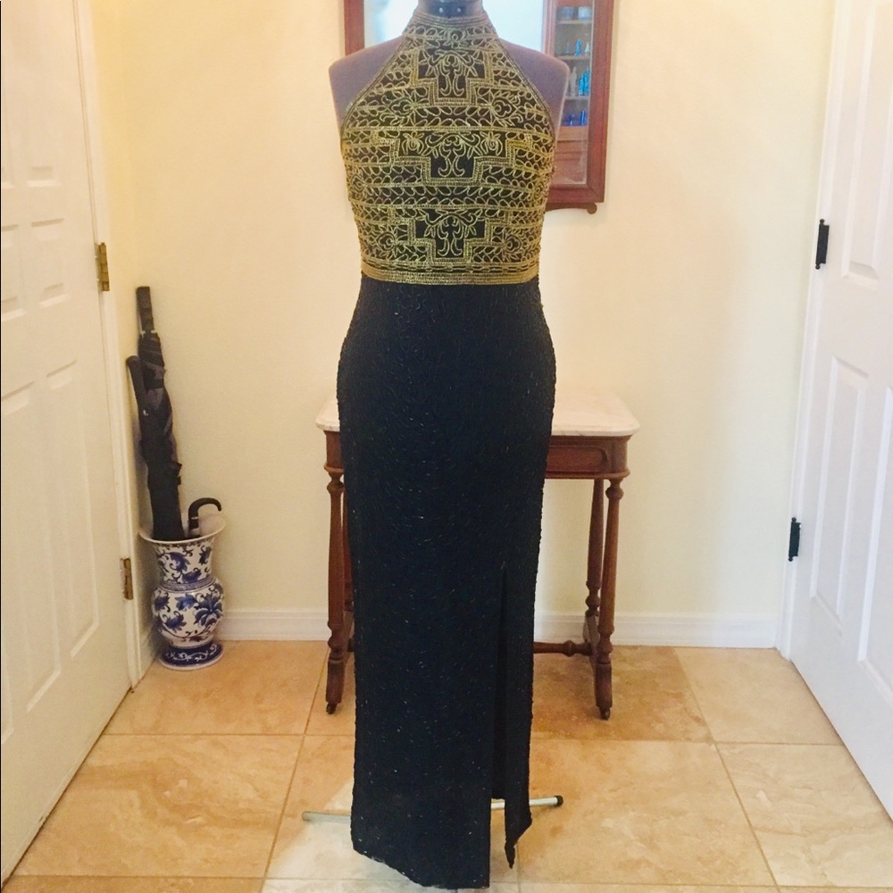 SCALA Black Silk and Beaded Long Evening Dress